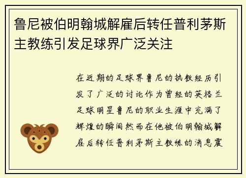 鲁尼被伯明翰城解雇后转任普利茅斯主教练引发足球界广泛关注