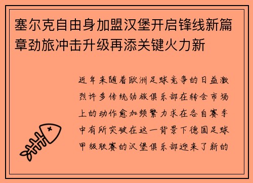 塞尔克自由身加盟汉堡开启锋线新篇章劲旅冲击升级再添关键火力新